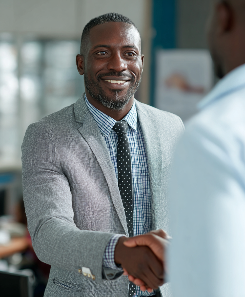 Professional Jamaican shaking hands in business setting